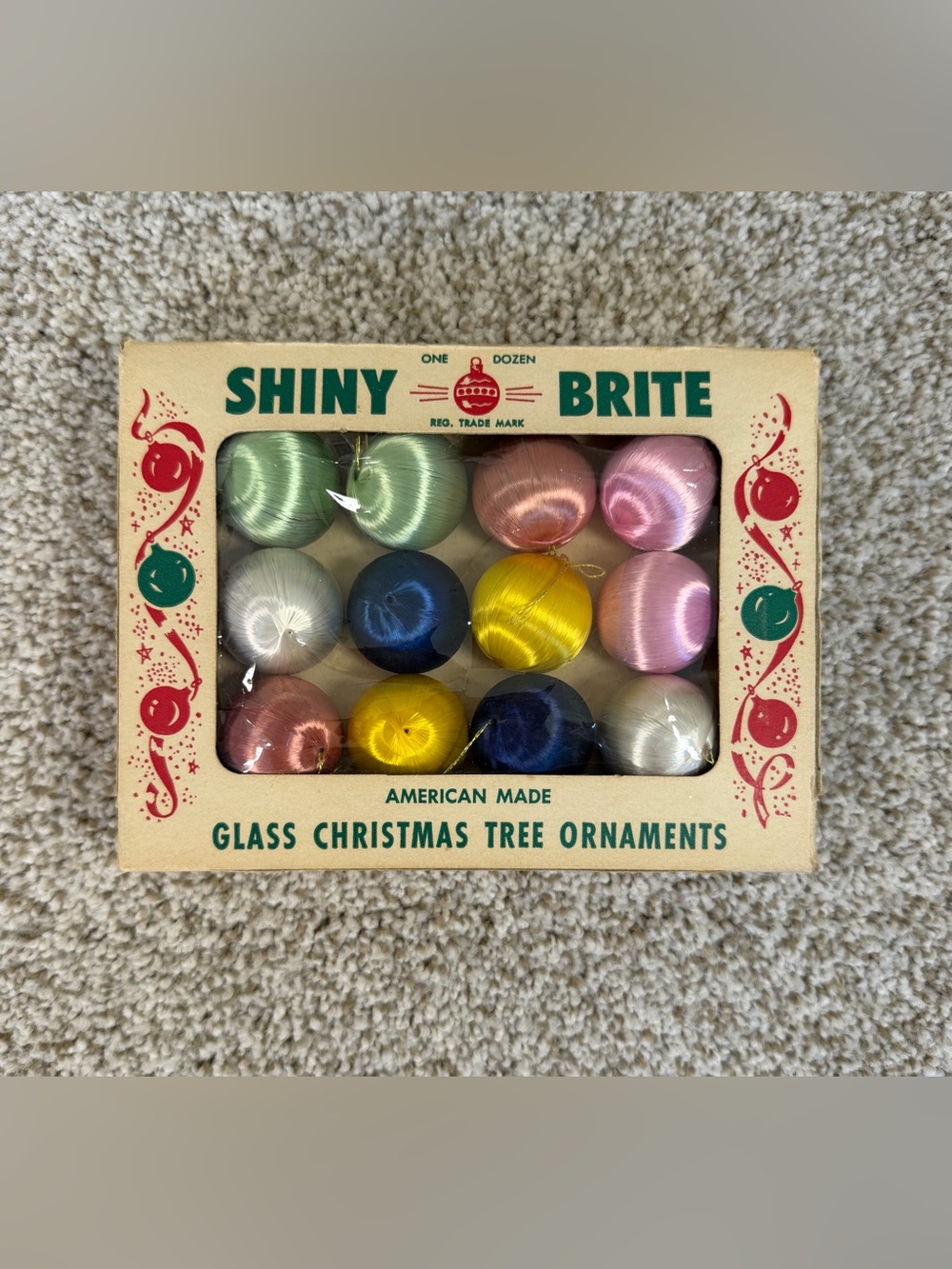 Shiny Brite Spun Rayon Glass Christmas Ornaments 12 Pastel Set Original Box